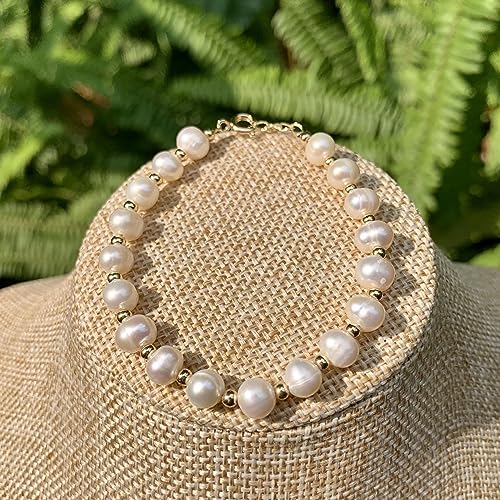 Natural White Pearl Beaded 14k Gold Filled Wire Wrapped Bracelet, Healing Birthstone Adjustable Bangle Cuff. Gift for Women