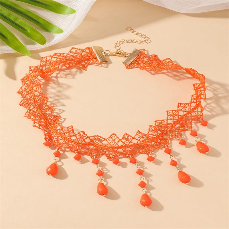 Gothic Necklace for Women Goth Lace Necklace Choker Halloween Witch Accessories Velvet Vampire Jewelry - color: Orange