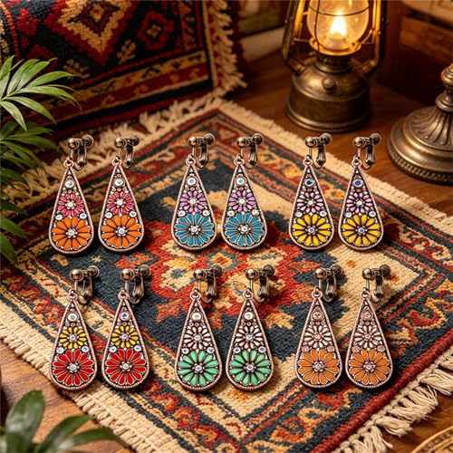 6 Pairs Bohemian Copper Crystal Teardrop Clip On Earrings for Women Handmade Colorful Enamel Floral Dangle Drop Earrings Retro Tribal Style Geometric Design Jewelry Gifts - color: Brown
