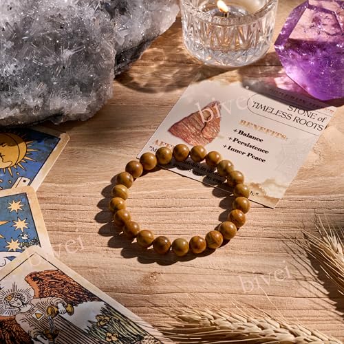 Bivei 8mm Beaded Bracelets for Women Handmade Semi Precious Natural Stone Stretch Elastic Jewelry Yoga Protection Gifts - color: Wood Grain Jasper-Steady Growth, size: Medium 6.8-7.3 inch