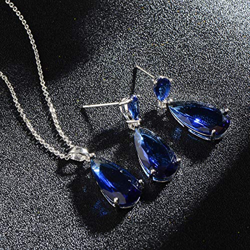 Wedding Jewelry Set for Bridesmaids - Sterling Silver Teardrop CZ Crystal Cubic Zirconia Rhinestone Diamond Bridal Necklace Earrings Set for Bride Mother of Bride Party Prom Birthstone Costume Jewelry - color: Sept-Sapphire