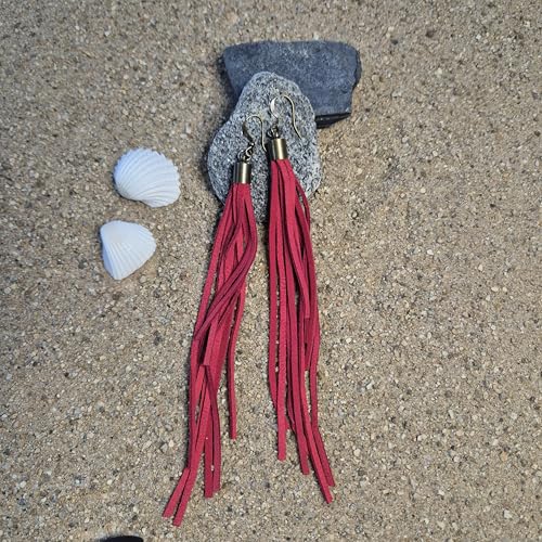Handmade Genuine Leather Earrings for Women – Long Teardrop Boho Dangles, Lightweight Statement Fashion Jewelry - style: Springs-Red