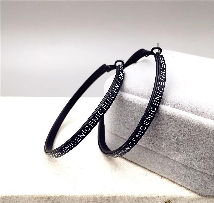 Hoop Earrings for Women Leather Hoop Earrings-Medium/Large Hoops-Lightweight hoop - color: Black Letters