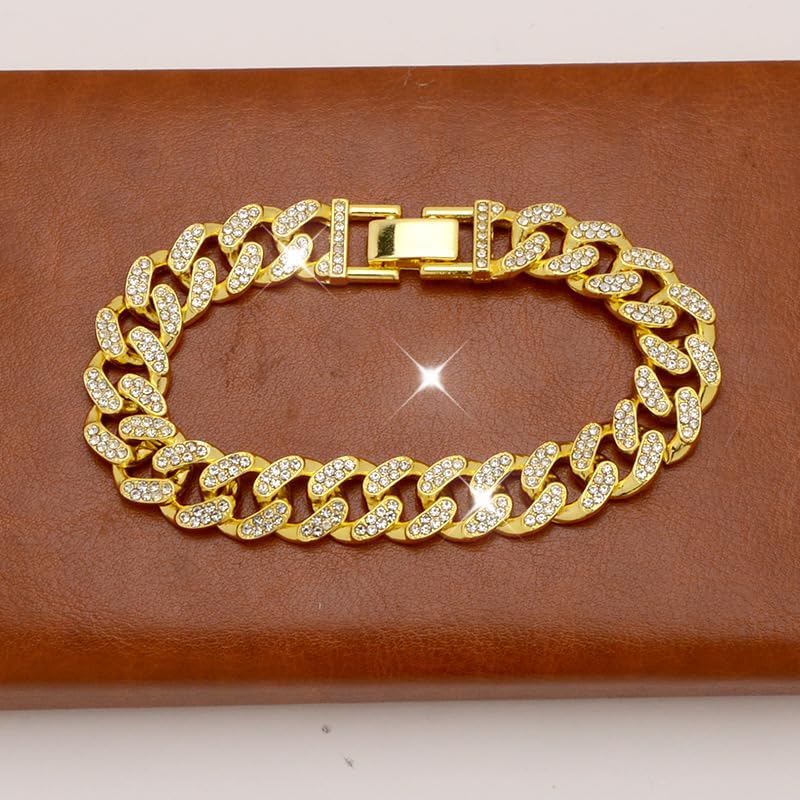 8 PcsCuban Link Chain jewelry sets for Woman with Rhinestone Necklace Bracelet Earrings Bling Diamond chunky Chain Jewelry - color: Golden A, size: 22inch