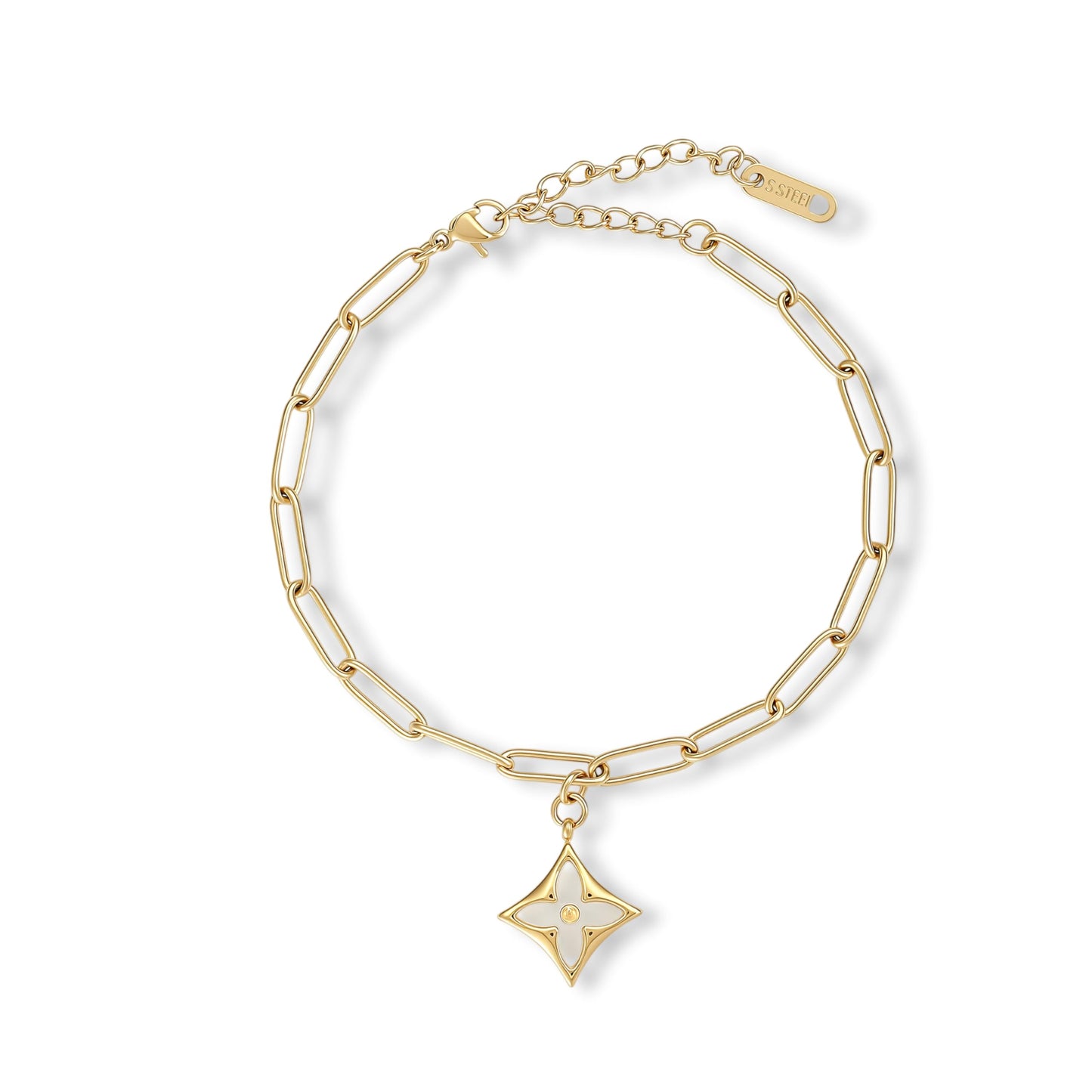 18K Gold Plated Paperclip Link Chain Bracelet with Charms, Gift with a Box - color: Four-leaf Clover
