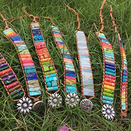 sedmart 7 Chakra Bracelets for Women with Real Stones Leather Wrap Healing Bead Bracelet Women Men Boho Friendship Jewelry - color: A9 Colorful tree button & Turquoise