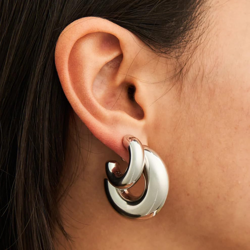 CONRAN KREMIX Waterproof Chunky Gold Hoops Earrings for Women Non Tarnish, Thick Gold Plated Circle Open Hoop,Lightweight Hollow Earrings Trendy - color: 30MM-Silver