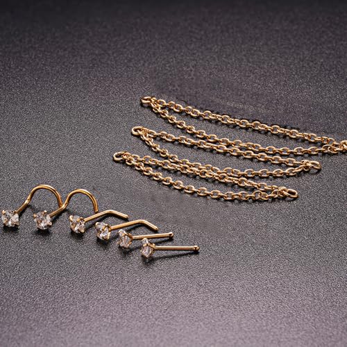 Nose Ring Chain Across Nose Black Stainless Steel Nostril Nose Piercing Chain with Cubic Zirconia Nose Screw Bone L-Shaped Ring for Women Body Piercing Nostril Jewelry with Bridge Chain - color: Gold-Double Nose Chain Studs