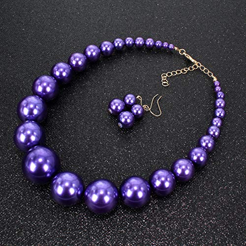 Large Style Big Imitate Pearl Strand Choker Necklace With Earrings Set - color: purple