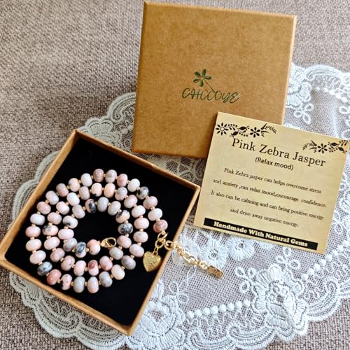 Boho Gemstone Beaded Necklace for Women – Colorful Natural Stone Choker 18K Solid Heart-Shaped Pendant, Summer Beach Jewelry - color: Pink Zebra Jasper