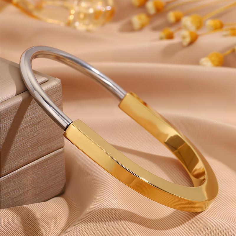 Two Tone Gold Bracelet for Women Lock Inspired Design, Stainless Steel Open Cuff Bangle, Minimalist Gift Jewelry