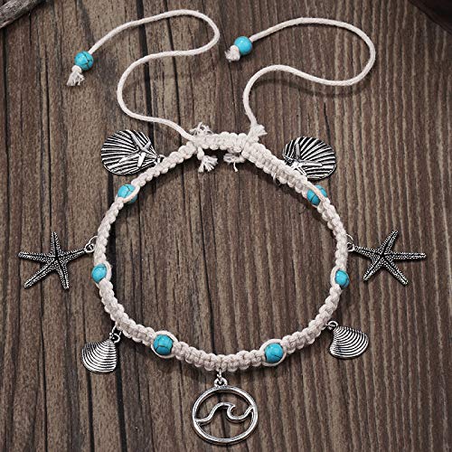 Softones Blue Starfish Turtle Anklet Multilayer Charm Beads Sea Handmade Boho Anklet Foot Jewelry for Women - style: D:2pcs Star Wave