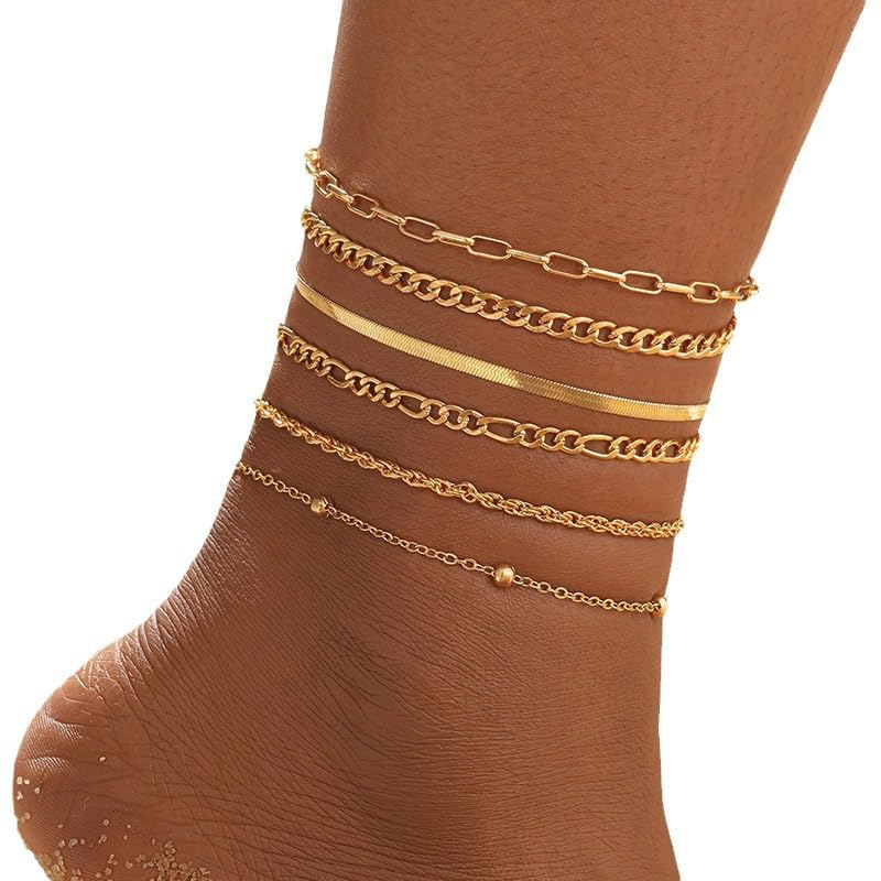 Adjustable Waterproof Layered Bracelets for Women Summer Beach Cuban Link Chain Anklets Set Herringbone Paperclip Beaded Snake Chain Stackable Anklet Stainless Steel Jewelry Bracelet - color: 6PCS-Gold