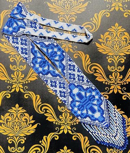 Long Beaded Necklace – Boho Native Handmade Seed Bead Tassel Necklace, Bohemian Large Statement Beaded Necklace for Women - color: Royal Blue White