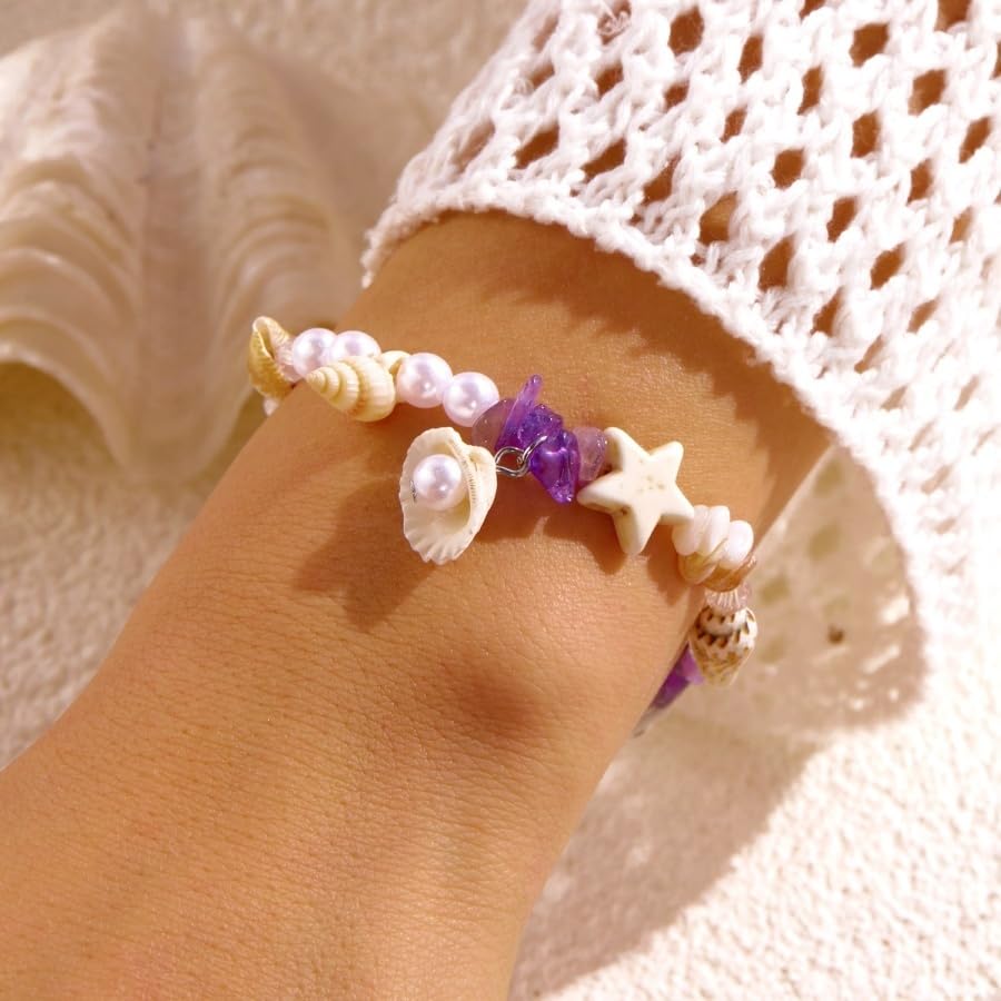 Handmade Natural Shell Starfish Beads Bracelets with a Wish Card Bohemia Sweet Seashell Conch Pearl Charm Bracelets for Women Boho Sea Themed Summer Beach Surfer Vacation Jewelry Gifts - style: StyleF
