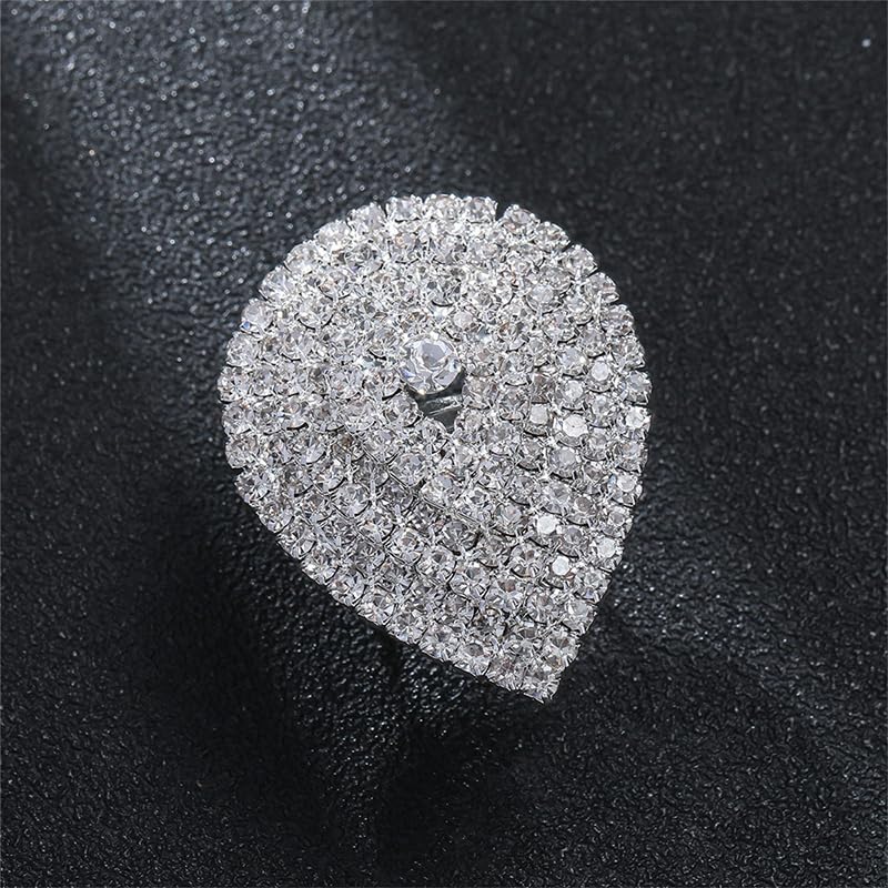 Silver Statement Big Rhinestone Cocktail Rings Chunky Bling Costume Cz Crystal Pave Oval Dainty Unique Wedding Prom Index Finger Ring Jewelry for Women - style: Sparkly