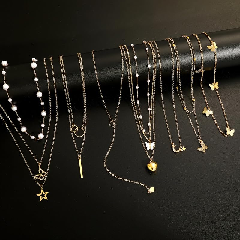11 Pcs Gold Tone Layered Necklace Set, Dainty Pearl Chain, CZ Butterfly, Heart, Moon Star & Vertical Bar Pendant, Minimalist Trendy Jewelry for Women (Gold)