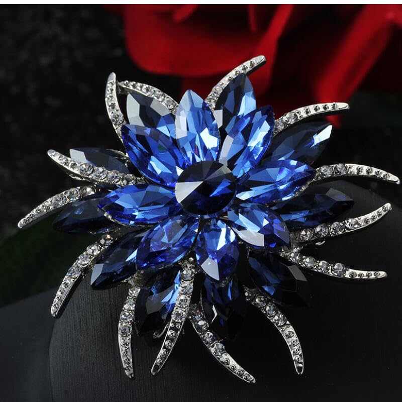 Rinestone Flower Brooch for Women Men Elegant Crystal Rose Flower Lapel Dress Brooches Pin Party Accessories Jewelry - style: Sapphire blue