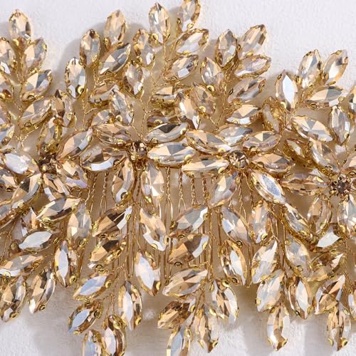 Bridal Rhinestone Hair Comb Large Rhienstone Wedding Headpiece Handmade Crystal Hair Comb for Bride Wedding Hair Accessories for Women (champagne) - color: champagne