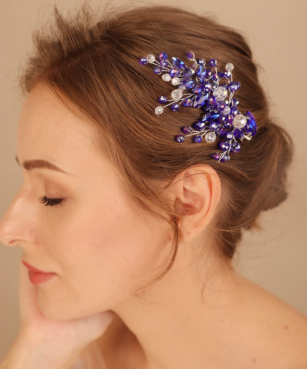 Xerling Blue Crystal Hair Clips for Brides Wedding Bridal Rhinestone Headpiece Sapphire Hair Accessories for Flower Girls Hair Jewelry (Blue) - color: Blue