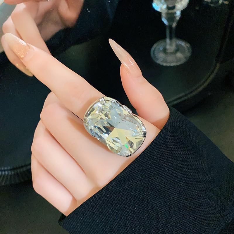 Statement Geometric Large Clear Rhinestone Open Ring for Women Silver Big Thick Chunky Exaggerated Rectangle Crystal Stone Finger Knuckle Band Rings Wedding Brides Cocktail Prom Party Jewelry Gift