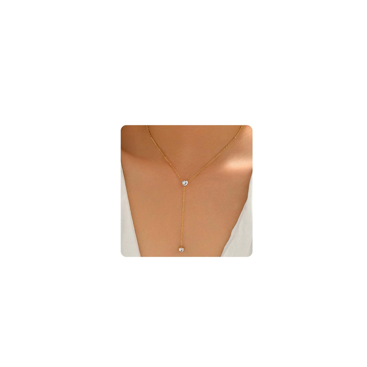 Dainty Y-Shaped Lariat CZ Drop Charm Pendant Necklaces for Women - color: Heart-CZ-GD