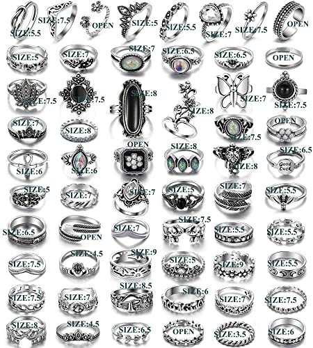 17IF Vintage Silver Knuckle Rings Set for Women Men, Chunky Boho Rings | Aesthetic Snake Grunge Stackable Gothic Ring Adjustable Y2K Punk Bulky Finger Alt of Rings, Stacking Flower Midi Ring Pack - style: 60
