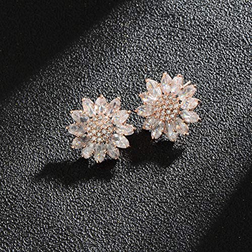 Crystal Flower Burst Stud Earirings - Big Sterling Silver CZ Cubic Zirconia Rhinestone Daisy Sunflower Floral Cluster Studs Bridal Wedding Party Prom Costume Jewelry for Bride Bridesmaids Women Birthstone Birthday Gift - color: Rose Gold