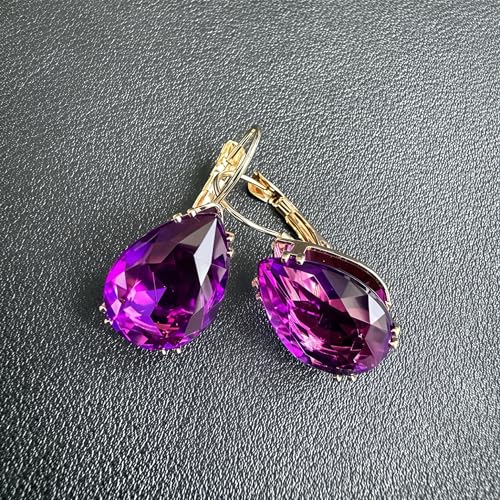 14K Gold Teardrop Crystal Leverback Earrings Sparkly Rhinestone Water Droplet Dangle Drop Earrings For Women - color: Dark Purple