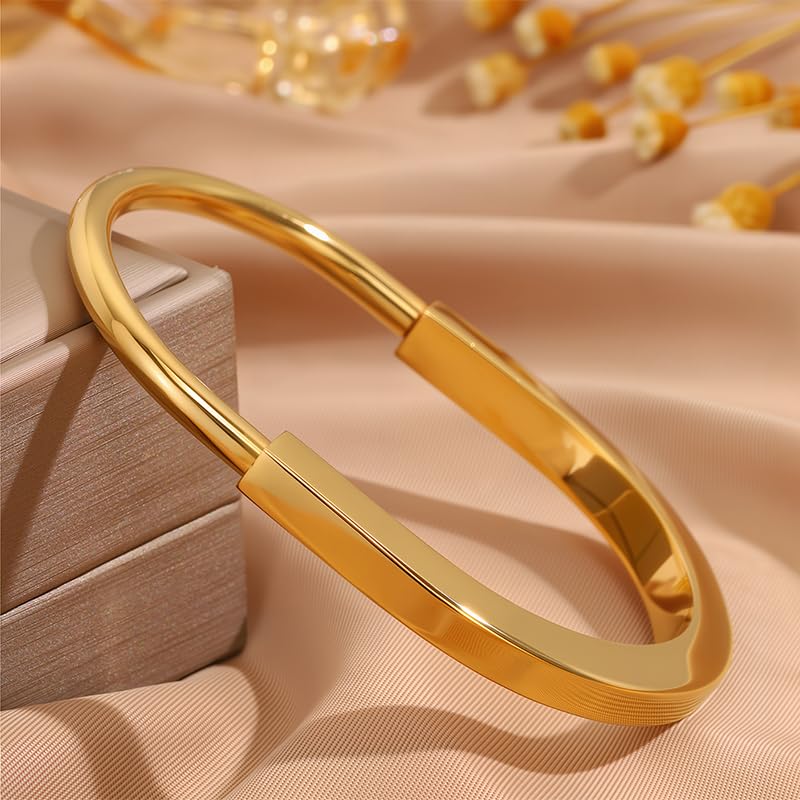 Gold Bracelet for Women Lock Inspired Design, Stainless Steel Open Cuff Bangle, Minimalist Statement Gift Jewelry