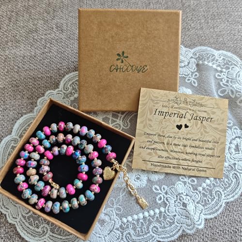 Boho Gemstone Beaded Necklace for Women – Colorful Natural Stone Choker 18K Solid Heart-Shaped Pendant, Summer Beach Jewelry - color: Imperial Jasper
