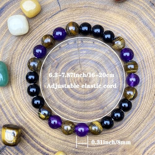 Natural Stone Beaded Bracelet for Men Women, Malachite Tiger Eye Obsidian Elastic Stretch Bracelet for Wealth & Energy - color: Black purple 2