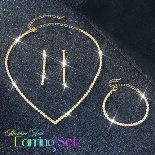 Unicra Rhinestone Bridal Wedding Jewelry Set Silver Necklace Earrings Bracelet Sets Prom Formal Costume Jewelry Sets for Women and Brides - color: Gold