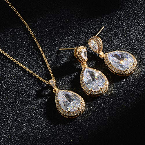 Bridal Jewelry Set for Wedding - 18k Plated Teardrop CZ Crystal Cubic Zirconia Rhinestone Necklace Earrings Set for Bride Bridesmaids Mother of Bride Party Prom Birthstone Costume Jewelry - color: Nov-Topaz