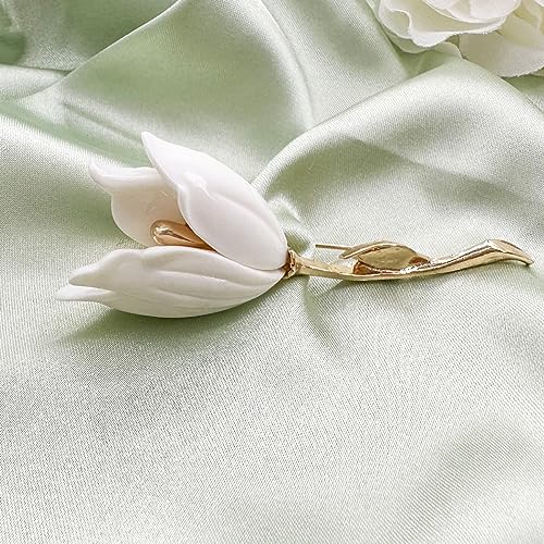 Elegant Enamel Tulip Flower Brooch Pins, AILUOR Fashion Opal Crystal Rhinestone Flower Corsage Scarf Pins Jewelry Accessories Clothing Bouquet Brooches for Bridal Women Wedding Costume (White)