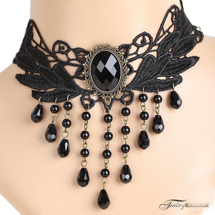Gothic Victorian Style Vampire Choker Necklace for Women Black Crystal Tassel Lace Collar Necklace Halloween Punk Black Sexy Lace Necklace Halloween Cavewoman Costume - style: Crystal Tassel