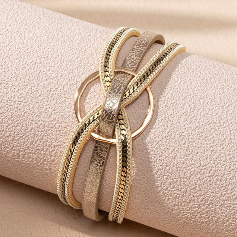 xuzhiyuan Bohemian Leather Cuff Bracelet Multi-Layer Wrap with Circle Accent Bracelet Boho Braided Bracelet Jewelry Gift for Women - color: Beige