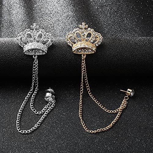 Rhinestone Crown Long Chain Brooch.Gold Silver Tassel Brooch Pin,Retro Crystal Suit Pins Collar Coat Pin for Men's Accessories Pin Husband Gifts - color: Silver 2