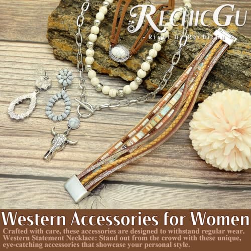 RechicGu Western Jewelry For Women Bohemian Turquoise Dangle Earrings Necklace Bracelet Set, Bullhead Pendant Layered Choker Boho Faux Leather Wristband Country Concert Cowgirl Accessories - color: White Turquoise Set