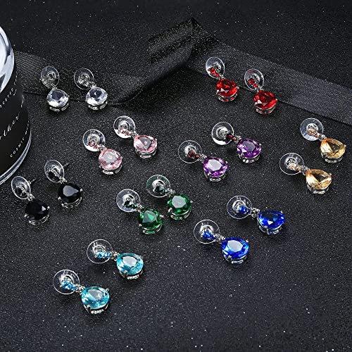 JOERICA 9 Pairs Stainless Steel CZ Dangle Earrings for Women Crystal Teardrop Earrings Set Multicolor Cubic Zirconia Birthstone Drop Earrings