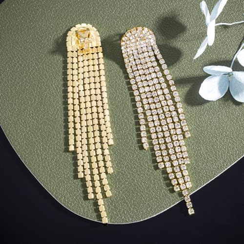 SELOVO Rhinestone Crystal Tassel Long Sparkle Dangle Earrings 2.8"/3.3" Wedding Party Dangling Earrings (3.3inch-Clip on-Gold Tone Clear)