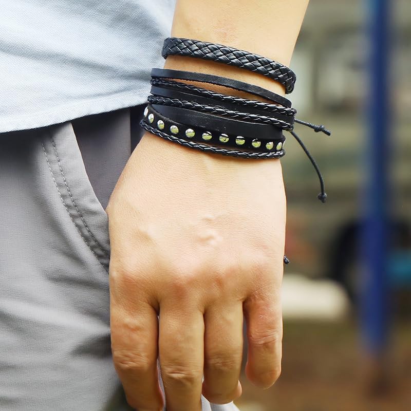 Leather Cuff Bracelet for Men Women, Multilayer Braided Wristband, Adjustable 6.5-9.5 Inches Wrap Bracelets Punk Gothic Grunge - color: Anchor set - 6Pcs