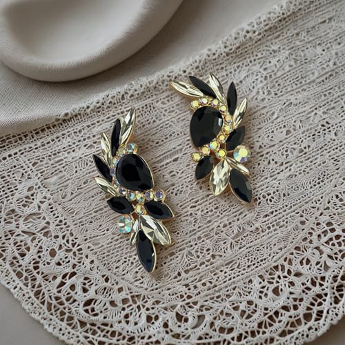 Bohemian Dainty Sparkly Crystal Teardrop Flower Dangle Drop Earrings Unique Lightweight Glitter Rhinestone Geometry Floral Stud Earrings For Women - style: Black