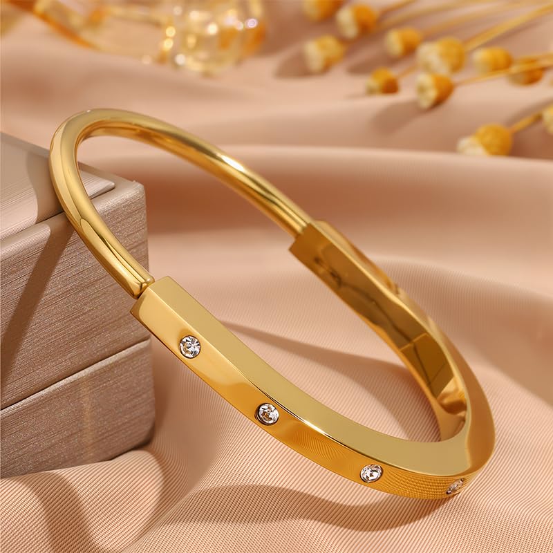 Minimalist Gold Lock Bracelet with Rhinestone Details, Stainless Steel Open Cuff Bangle for Women, Chic Everyday Jewelry