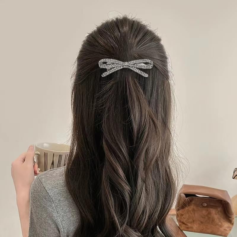 Rhinestone Bow Hair Barrettes for Women Girls Sparkling Glittering Bow-Knot French Barrettes Silver Crystal Hair Clips Hairpins Hair Pin Ponytail Holders Bling Metal Hair Bow Clips Accessories - color: Rhinestone