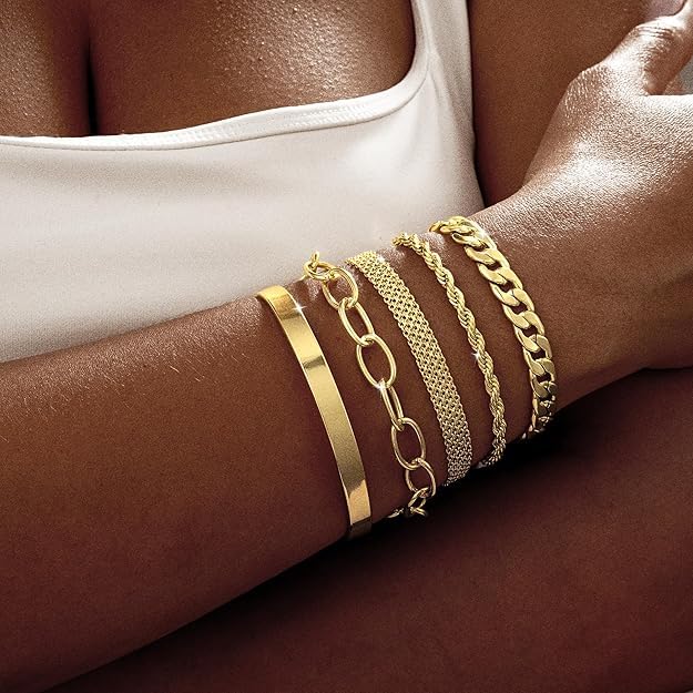 Dainty Bracelet for Women 14K Gold Plated Cross Pearl CZ Leaf Bracelets Set Gold Layering Bracelets Everyday Jewelry - color: 5 Layer Cuff Set -GD