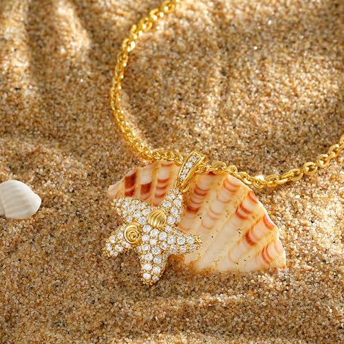 MTMY Gold Starfish Necklace 14K Gold Plated Shell Conch Ocean Pendant Necklace for Women Beach Summer Jewelry - style: cz wave starfish