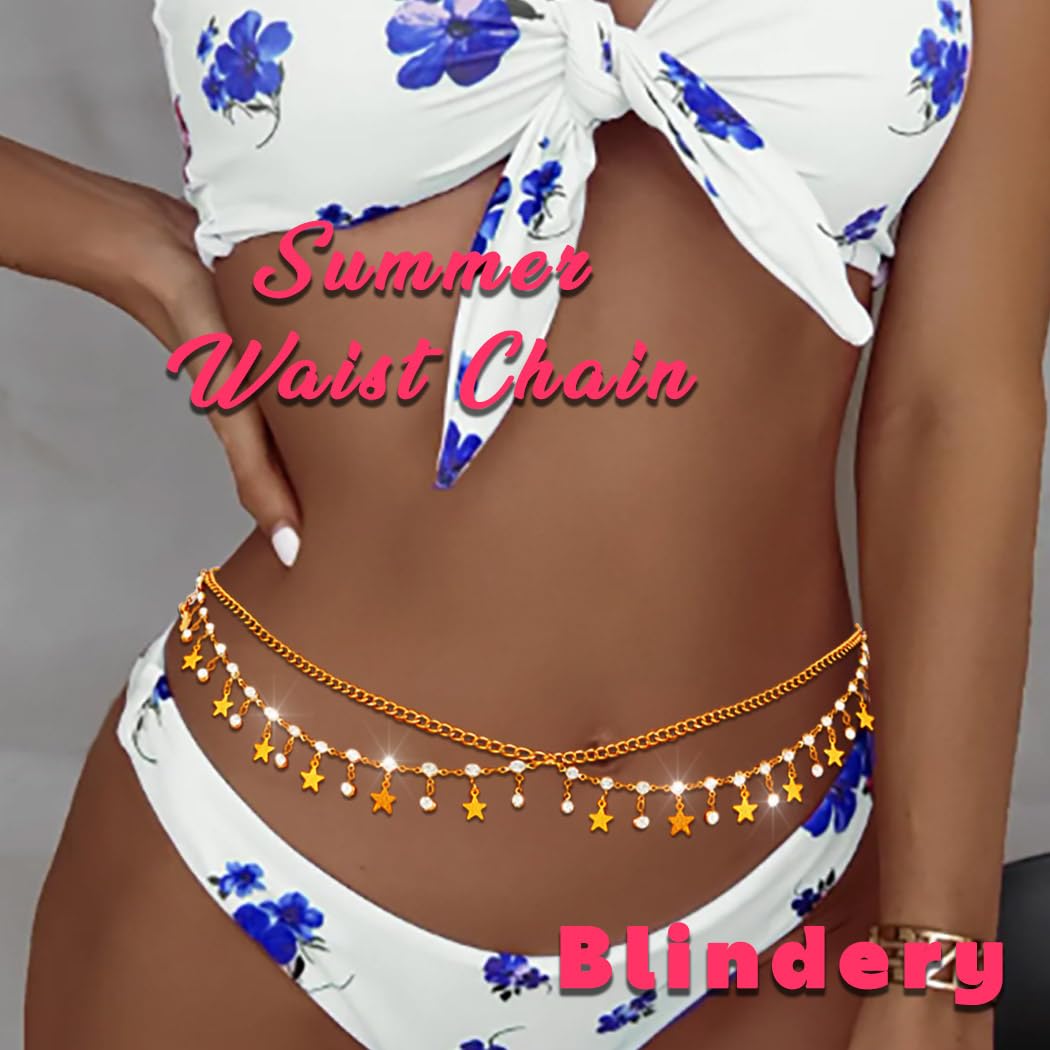 Gold Belly Chain Rhinestone Body Jewelry Chain Plated Waist Chains Layered Body Waist Summer Beach Bikini Jewelry for Women - style: star-gold