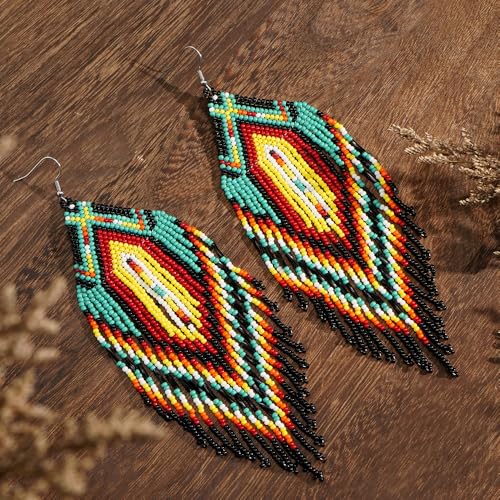 Bohemian Tassel Colorful Beaded Earrings For Women Trendy, Long Fringe Feather Drop Jewelry Handmade Gifts. - color: color8
