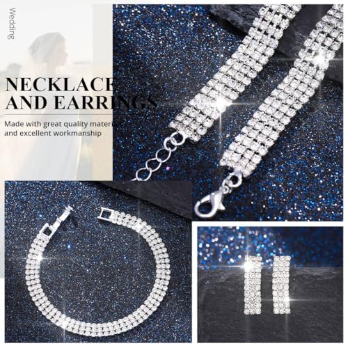 Aukmla Rhinestones Bridal Wedding Jewelry Set Silver Choker Necklaces Earrings Bracelet Ring Sets Prom Jewelry for Women - color: Silver